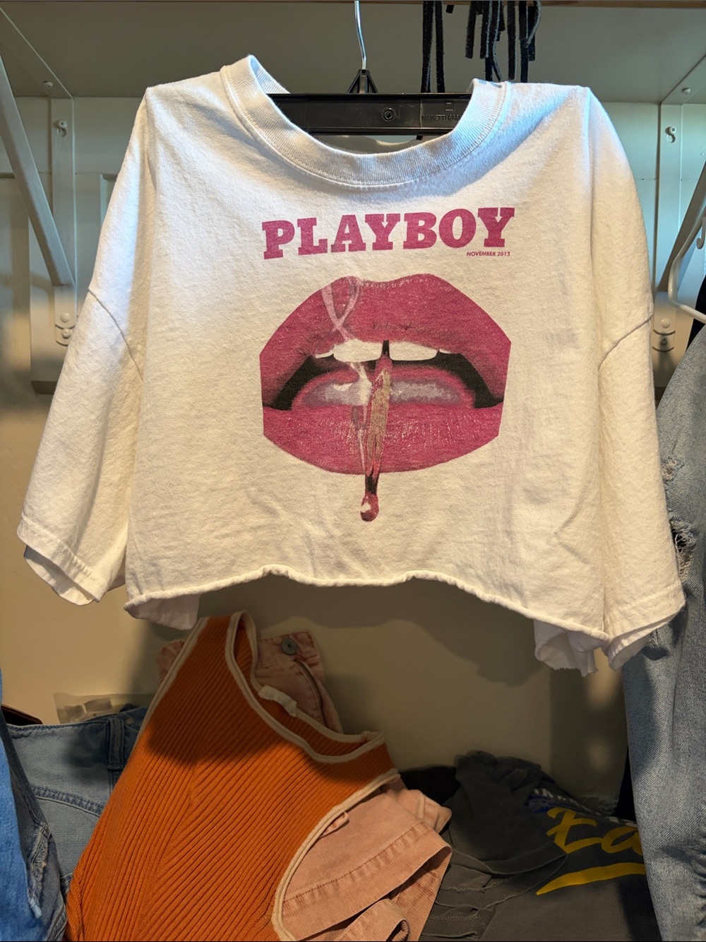 PLAYBOY White Cropped Tee with Pink Lip Graphic and Logo